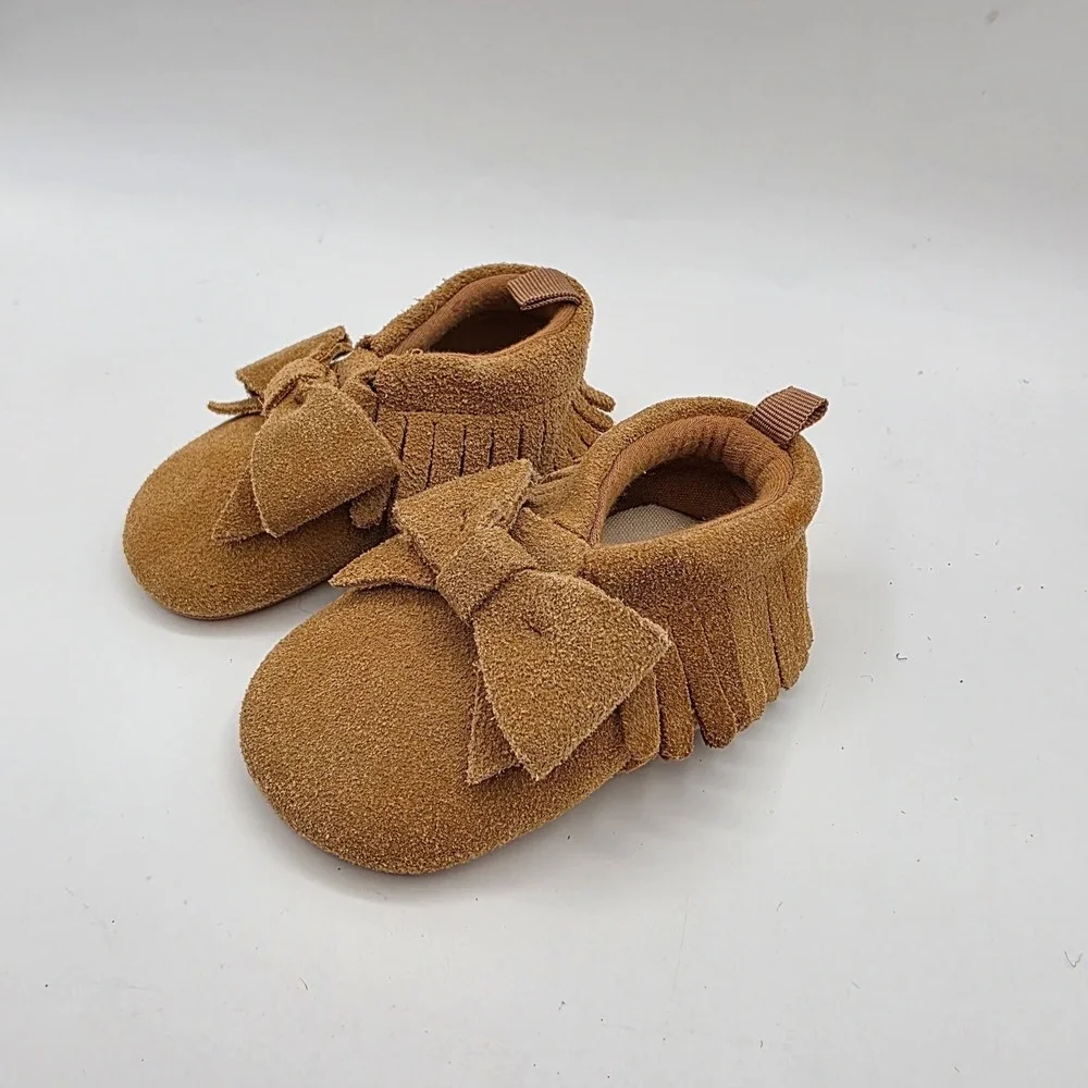 Baby Gap Brown Faux Suede Fringe Bow Moccasin Soft Sole Shoes Baby Girls 2